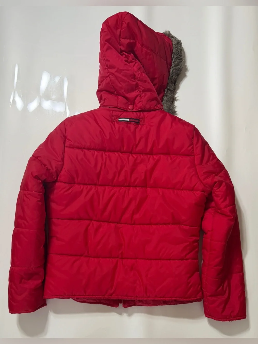 Tommy Hilfiger Kids Red Hooded Puffer Jacket with Faux Fur Trim